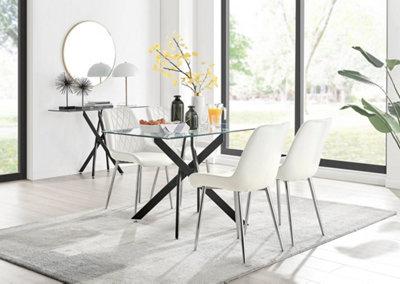 Furniturebox UK Leonardo Black Leg Glass Dining Table & 4 Cream Pesaro Silver Leg Chairs