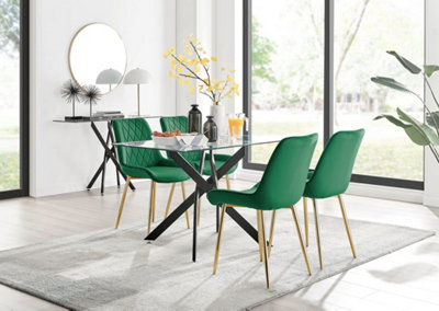 Furniturebox UK Leonardo Black Leg Glass Dining Table & 4 Green Pesaro Gold Leg Chairs