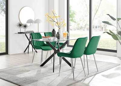 Furniturebox UK Leonardo Black Leg Glass Dining Table & 4 Green Pesaro Silver Chairs
