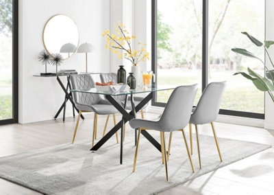 Furniturebox UK Leonardo Black Leg Glass Dining Table & 4 Grey Pesaro Gold Leg Chairs