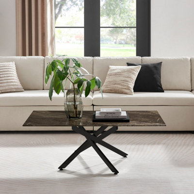 Furniturebox UK Leonardo Coffee Table With Grey Glass Marble Effect Top And Black Legs