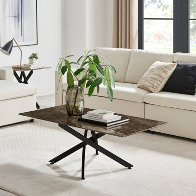 Furniturebox UK Leonardo Coffee Table With Grey Glass Marble Effect Top And Black Legs