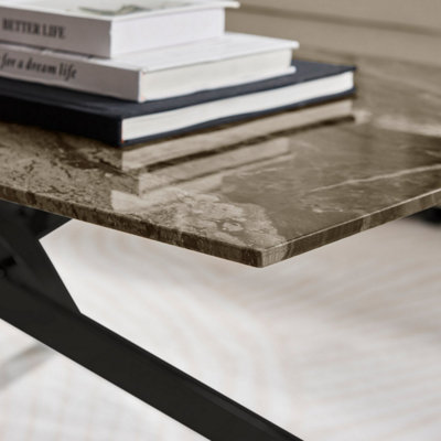 Furniturebox UK Leonardo Coffee Table With Grey Glass Marble Effect Top And Black Legs