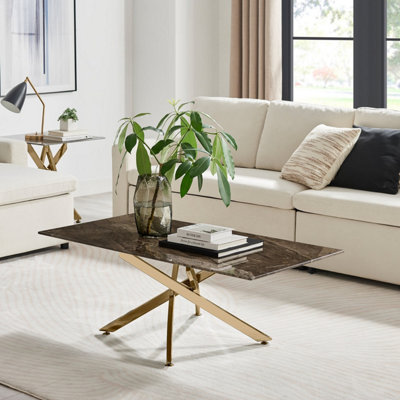 Furniturebox UK Leonardo Coffee Table With Grey Glass Marble Effect Top And Gold Legs