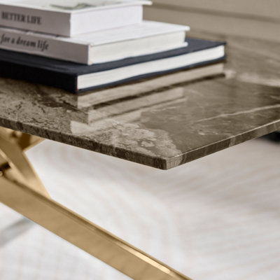 Furniturebox UK Leonardo Coffee Table With Grey Glass Marble Effect Top And Gold Legs