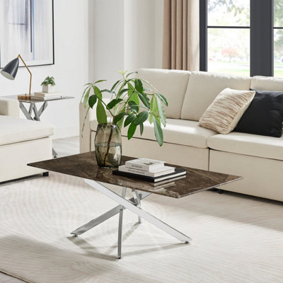 Furniturebox UK Leonardo Coffee Table With Grey Glass Marble Effect Top And Silver Legs