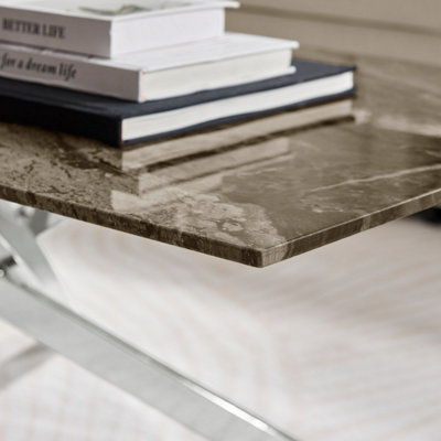 Furniturebox UK Leonardo Coffee Table With Grey Glass Marble Effect Top And Silver Legs