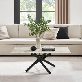 Furniturebox UK Leonardo Coffee Table With White Glass Marble Effect Top And Black Legs