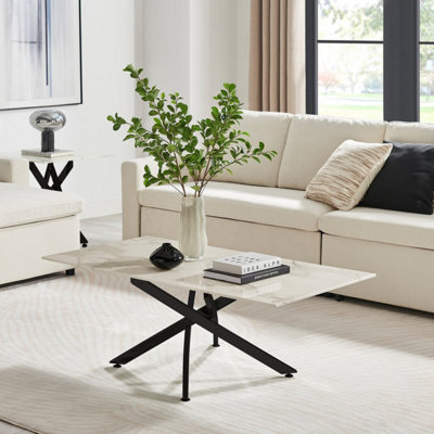 Furniturebox UK Leonardo Coffee Table With White Glass Marble Effect Top And Black Legs