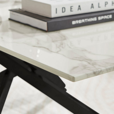 Furniturebox UK Leonardo Coffee Table With White Glass Marble Effect Top And Black Legs