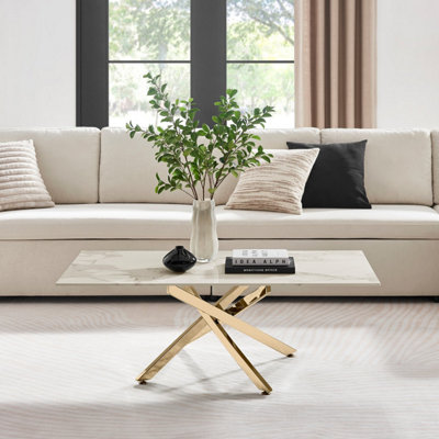 Furniturebox UK Leonardo Coffee Table With White Glass Marble Effect Top And Gold Legs