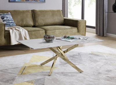 Furniturebox UK Leonardo Coffee Table With White Glass Marble Effect Top And Gold Legs