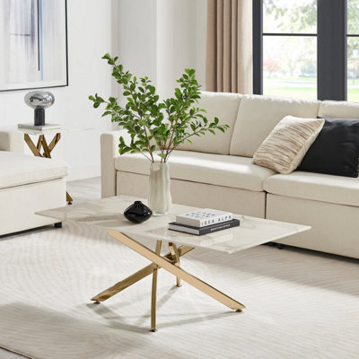 Furniturebox UK Leonardo Coffee Table With White Glass Marble Effect Top And Gold Legs