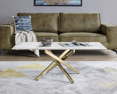 Furniturebox UK Leonardo Coffee Table With White Glass Marble Effect Top And Gold Legs