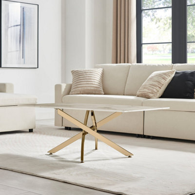 Furniturebox UK Leonardo Coffee Table With White Glass Marble Effect Top And Gold Legs