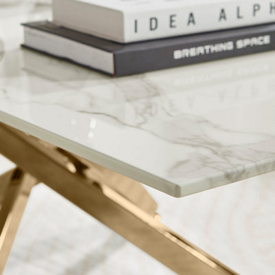 Furniturebox UK Leonardo Coffee Table With White Glass Marble Effect Top And Gold Legs