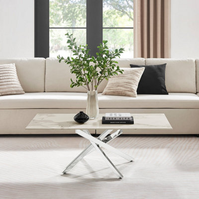 Furniturebox UK Leonardo Coffee Table With White Glass Marble Effect Top And Silver Legs