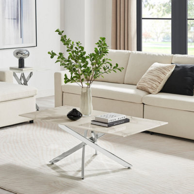 Furniturebox UK Leonardo Coffee Table With White Glass Marble Effect Top And Silver Legs