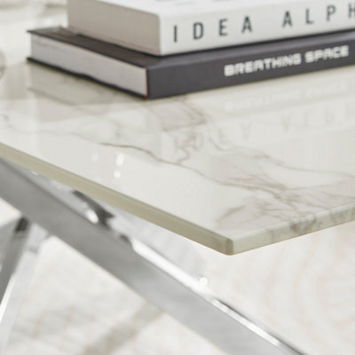 Furniturebox UK Leonardo Coffee Table With White Glass Marble Effect Top And Silver Legs