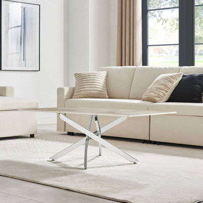 Furniturebox UK Leonardo Coffee Table With White Glass Marble Effect Top And Silver Legs