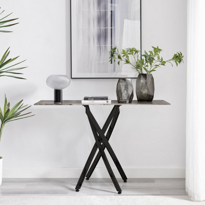 Furniturebox UK Leonardo Console Table With Grey Glass Marble Effect Top And Black Legs