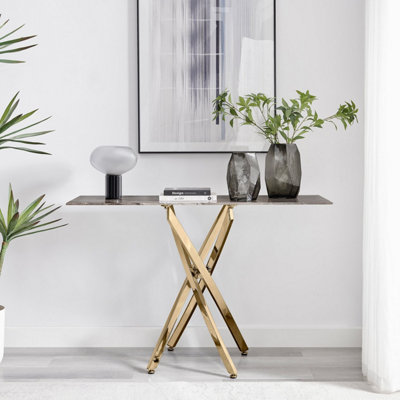 Furniturebox UK Leonardo Console Table With Grey Glass Marble Effect Top And Gold Legs