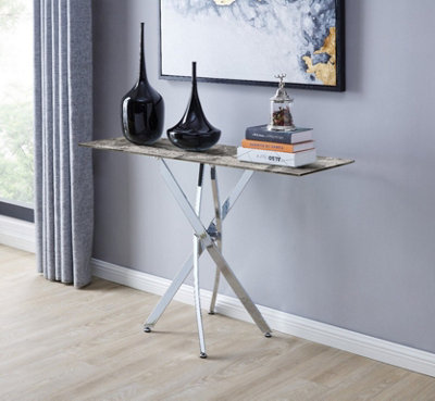 Furniturebox UK Leonardo Console Table With Grey Glass Marble Effect Top And Silver Legs