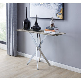 Furniturebox UK Leonardo Console Table With Grey Glass Marble Effect Top And Silver Legs