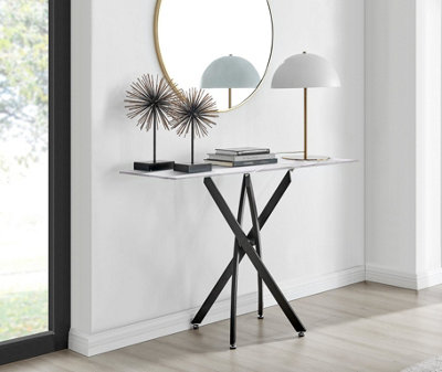 Furniturebox UK Leonardo Console Table With White Glass Marble Effect Top And Black Legs