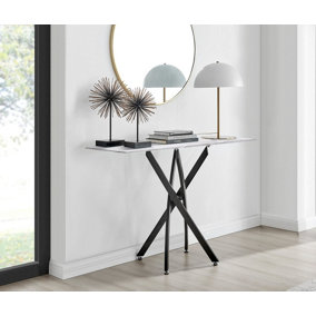 Furniturebox UK Leonardo Console Table With White Glass Marble Effect Top And Black Legs