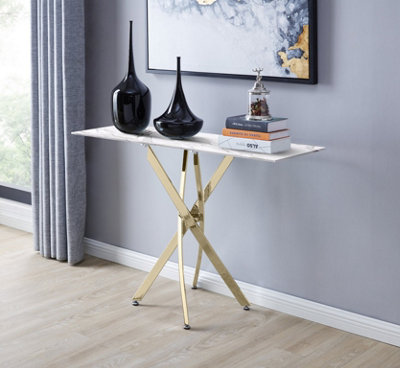 Furniturebox UK Leonardo Console Table With White Glass Marble Effect Top And Gold Legs