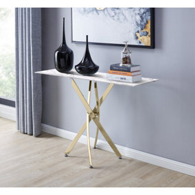Furniturebox UK Leonardo Console Table With White Glass Marble Effect Top And Gold Legs