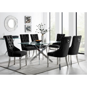 Furniturebox UK Leonardo Glass And Chrome Metal Dining Table And 6 Black Belgravia Velvet Knockerback Chairs