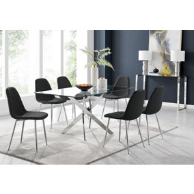 Furniturebox UK Leonardo Glass And Chrome Metal Dining Table And 6 Black Corona Silver Chairs