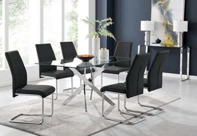 Furniturebox UK Leonardo Glass And Chrome Metal Dining Table And 6 Black Lorenzo Leather Chairs