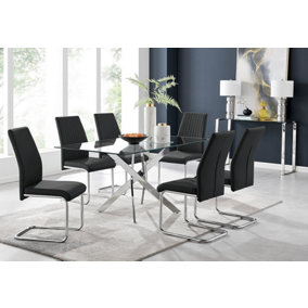 Furniturebox UK Leonardo Glass And Chrome Metal Dining Table And 6 Black Lorenzo Leather Chairs