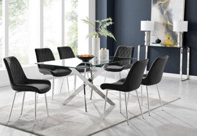 Furniturebox UK Leonardo Glass And Chrome Metal Dining Table And 6 Black Pesaro Velvet Silver Leg Chairs