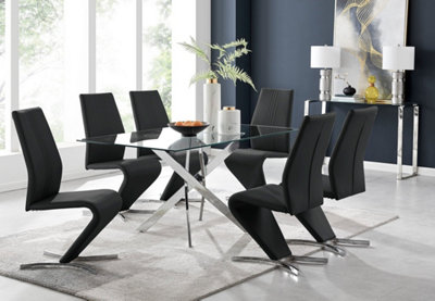 Furniturebox UK Leonardo Glass And Chrome Metal Dining Table And 6 Black Willow Chairs Dining Set