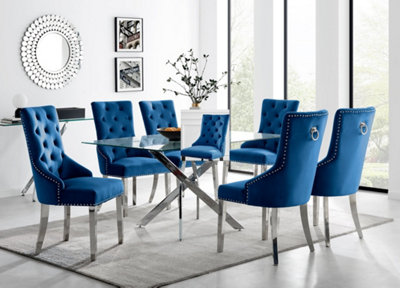 Furniturebox UK Leonardo Glass And Chrome Metal Dining Table And 6 Blue Belgravia Velvet Knockerback Chairs