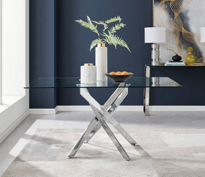 Furniturebox UK Leonardo Glass And Chrome Metal Dining Table And 6 Blue Belgravia Velvet Knockerback Chairs