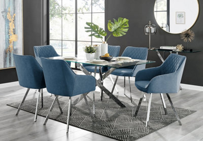 Furniturebox UK Leonardo Glass And Chrome Metal Dining Table And 6 Blue Falun Fabric Silver Leg Chairs