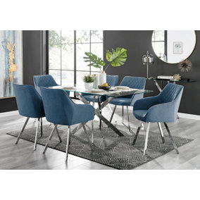 Furniturebox UK Leonardo Glass And Chrome Metal Dining Table And 6 Blue Falun Fabric Silver Leg Chairs