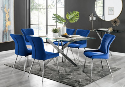 Furniturebox UK Leonardo Glass And Chrome Metal Dining Table And 6 Blue
