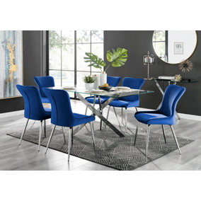 Furniturebox UK Leonardo Glass And Chrome Metal Dining Table And 6 Blue Nora Velvet Silver Leg Chairs