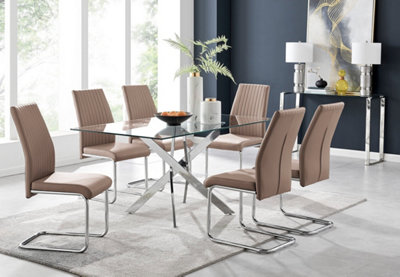 Furniturebox UK Leonardo Glass And Chrome Metal Dining Table And 6 Cappuccino Beige Lorenzo Leather Chairs