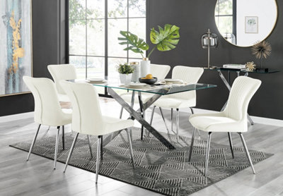 Furniturebox UK Leonardo Glass And Chrome Metal Dining Table And 6 Cream Nora Velvet Silver Leg Chairs