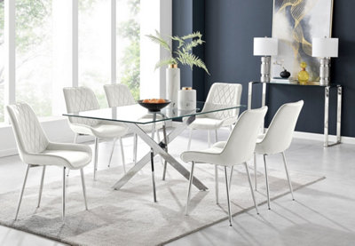 Furniturebox UK Leonardo Glass And Chrome Metal Dining Table And 6 Cream Pesaro Velvet Silver Leg Chairs