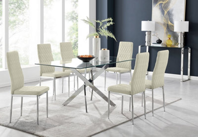Furniturebox UK Leonardo Glass And Chrome Metal Dining Table And 6 Cream Velvet Milan Chairs