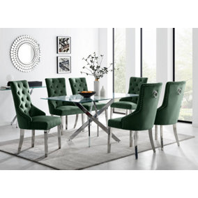 Furniturebox UK Leonardo Glass And Chrome Metal Dining Table And 6 Elephant Green Belgravia Velvet Knockerback Chairs