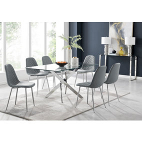 Furniturebox UK Leonardo Glass And Chrome Metal Dining Table And 6 Elephant Grey Corona Silver Chairs